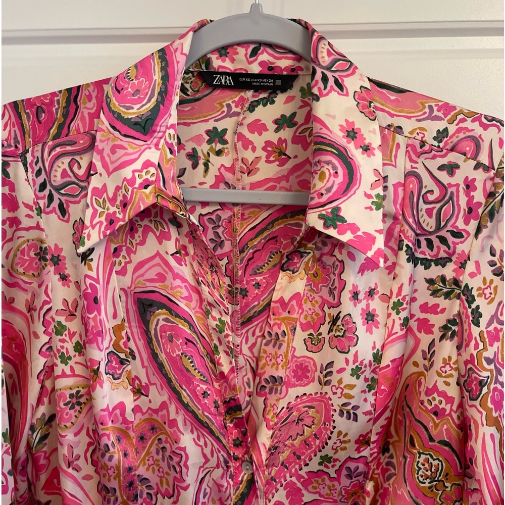 Zara Pink Paisley Print Blouse with Green and Gold Accents